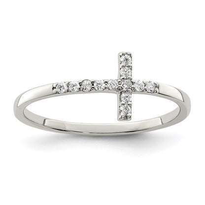 Sterling Silver Rhodium Plated Cz Sideways Cross Ring