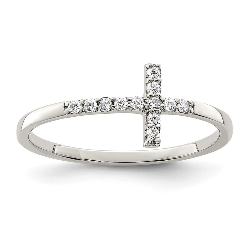 Sterling Silver Rhodium Plated Cz Sideways Cross Ring