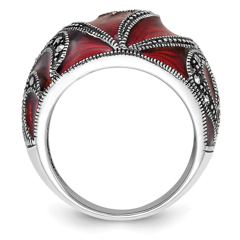 Sterling Silver Polished & Antiqued Marcasite Red Epoxy Heart Ring (Size 7 Only)
