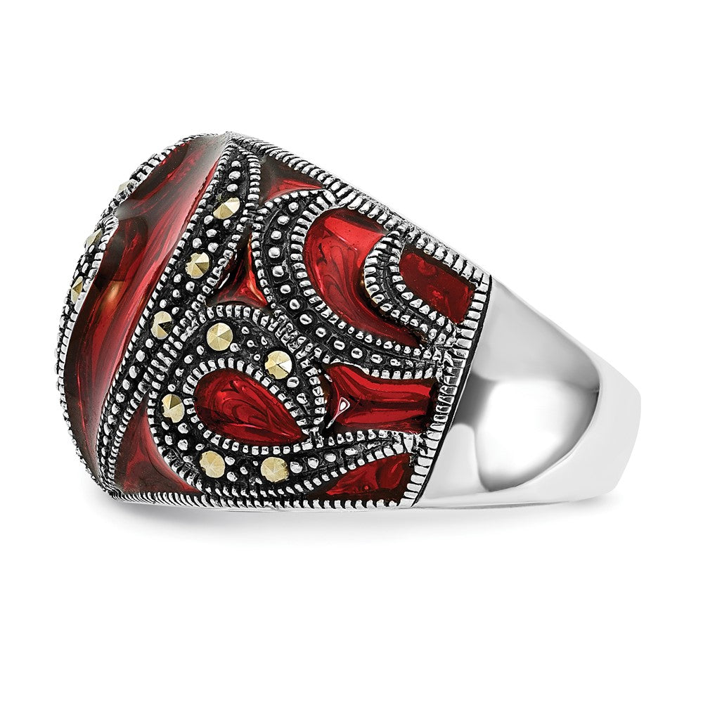 Sterling Silver Polished & Antiqued Marcasite Red Epoxy Heart Ring (Size 7 Only)