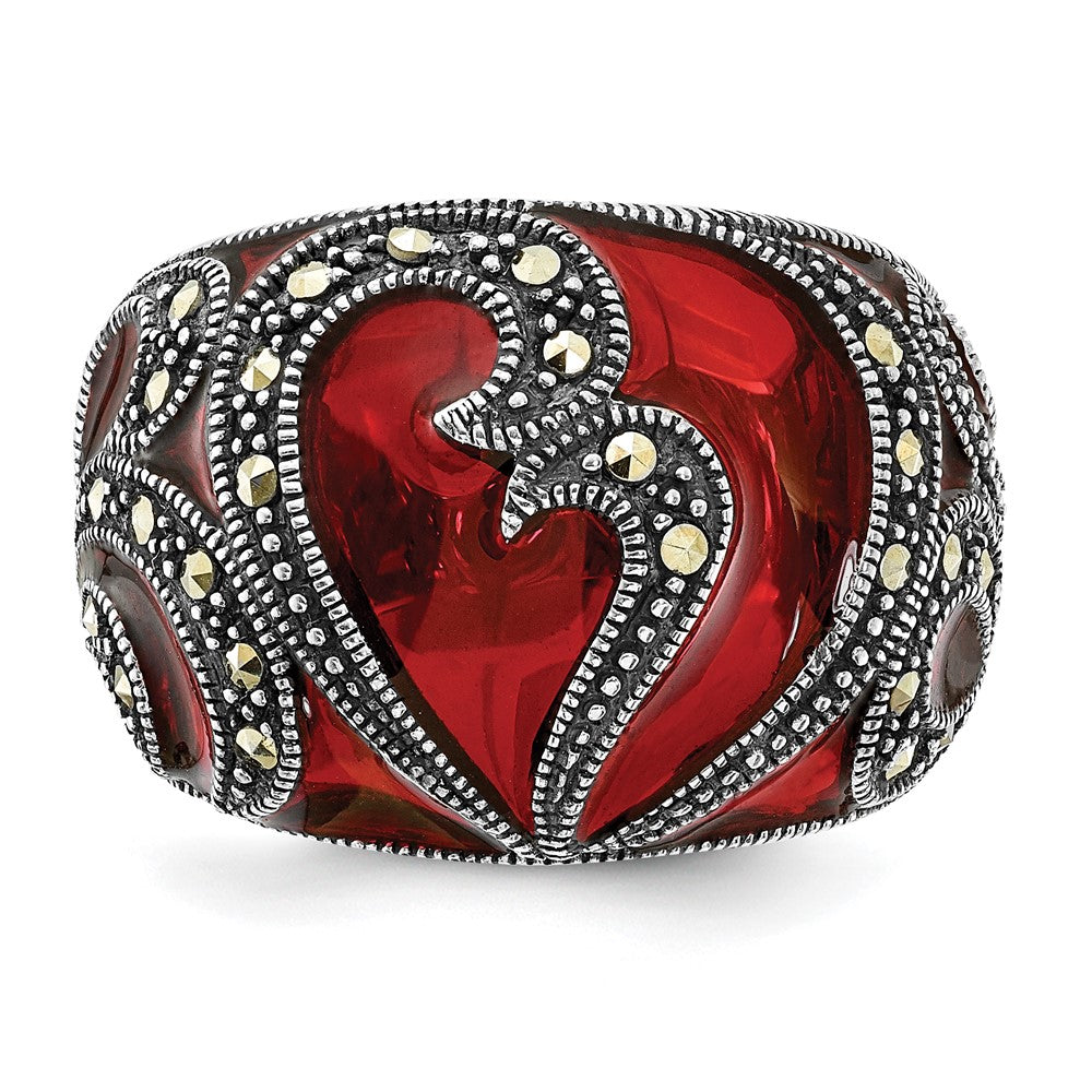 Sterling Silver Polished & Antiqued Marcasite Red Epoxy Heart Ring (Size 7 Only)