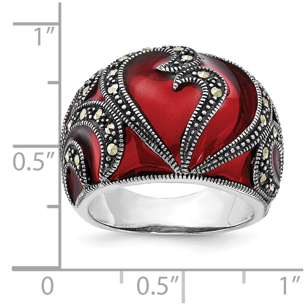 Sterling Silver Polished & Antiqued Marcasite Red Epoxy Heart Ring (Size 7 Only)