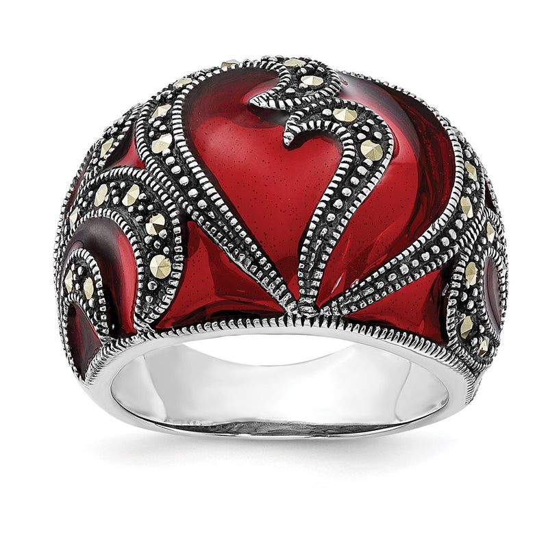 Sterling Silver Polished & Antiqued Marcasite Red Epoxy Heart Ring (Size 7 Only)