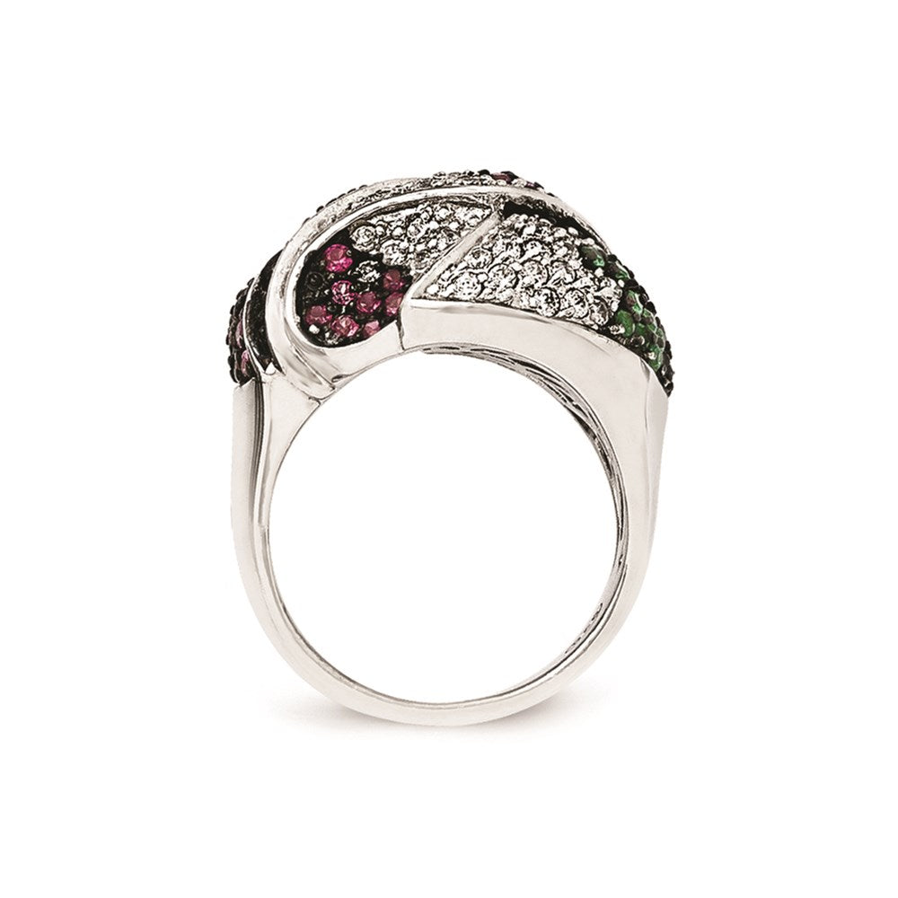 Sterling Silver Ss Black Rhodium Blue/Grn Glass Lt & Drk Synth. Ruby Cz Ring