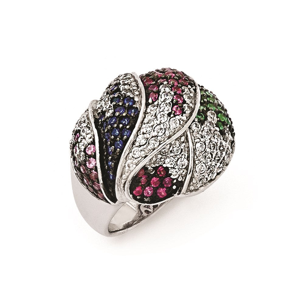 Sterling Silver Ss Black Rhodium Blue/Grn Glass Lt & Drk Synth. Ruby Cz Ring