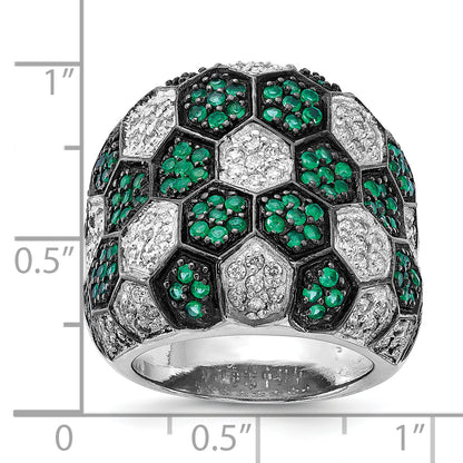 Sterling Silver W/ Black Rhodium Green Glass & Cz Honeycomb Ring