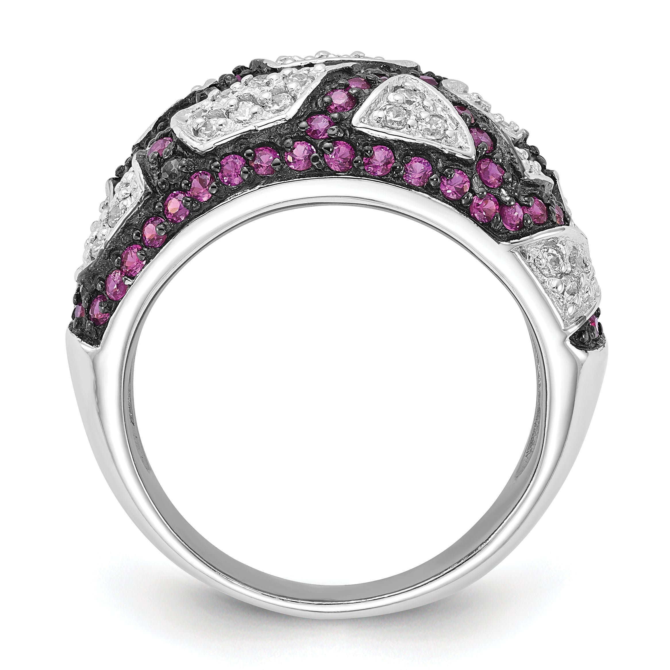 Sterling Silver & Black Rhodium Synthetic Ruby White Cz Ring (Size 8 Only)