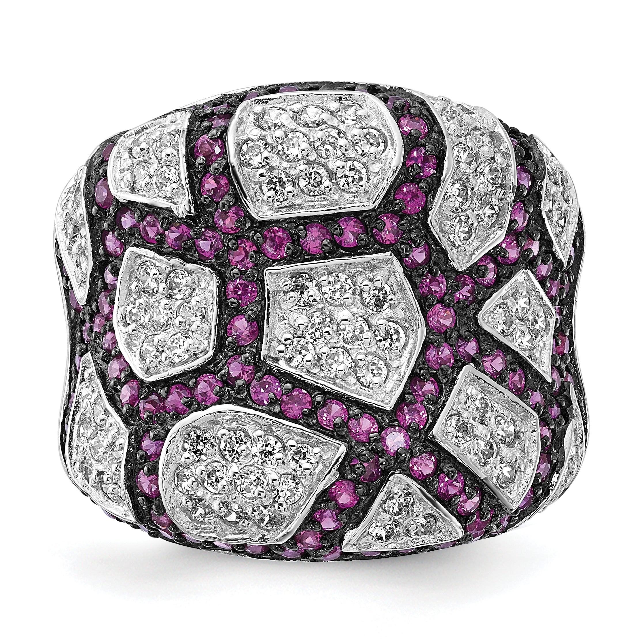 Sterling Silver & Black Rhodium Synthetic Ruby White Cz Ring (Size 8 Only)