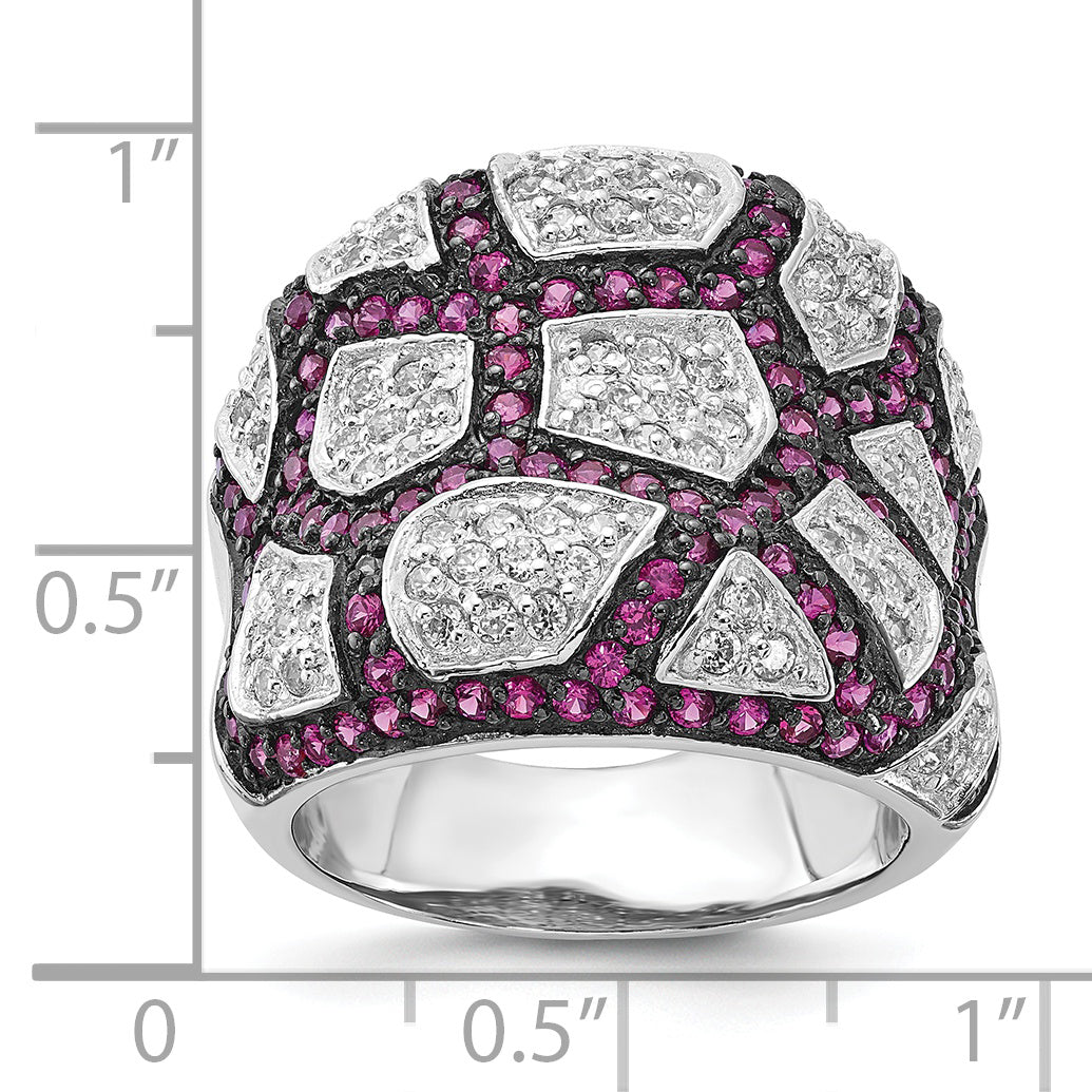 Sterling Silver & Black Rhodium Synthetic Ruby White Cz Ring (Size 8 Only)