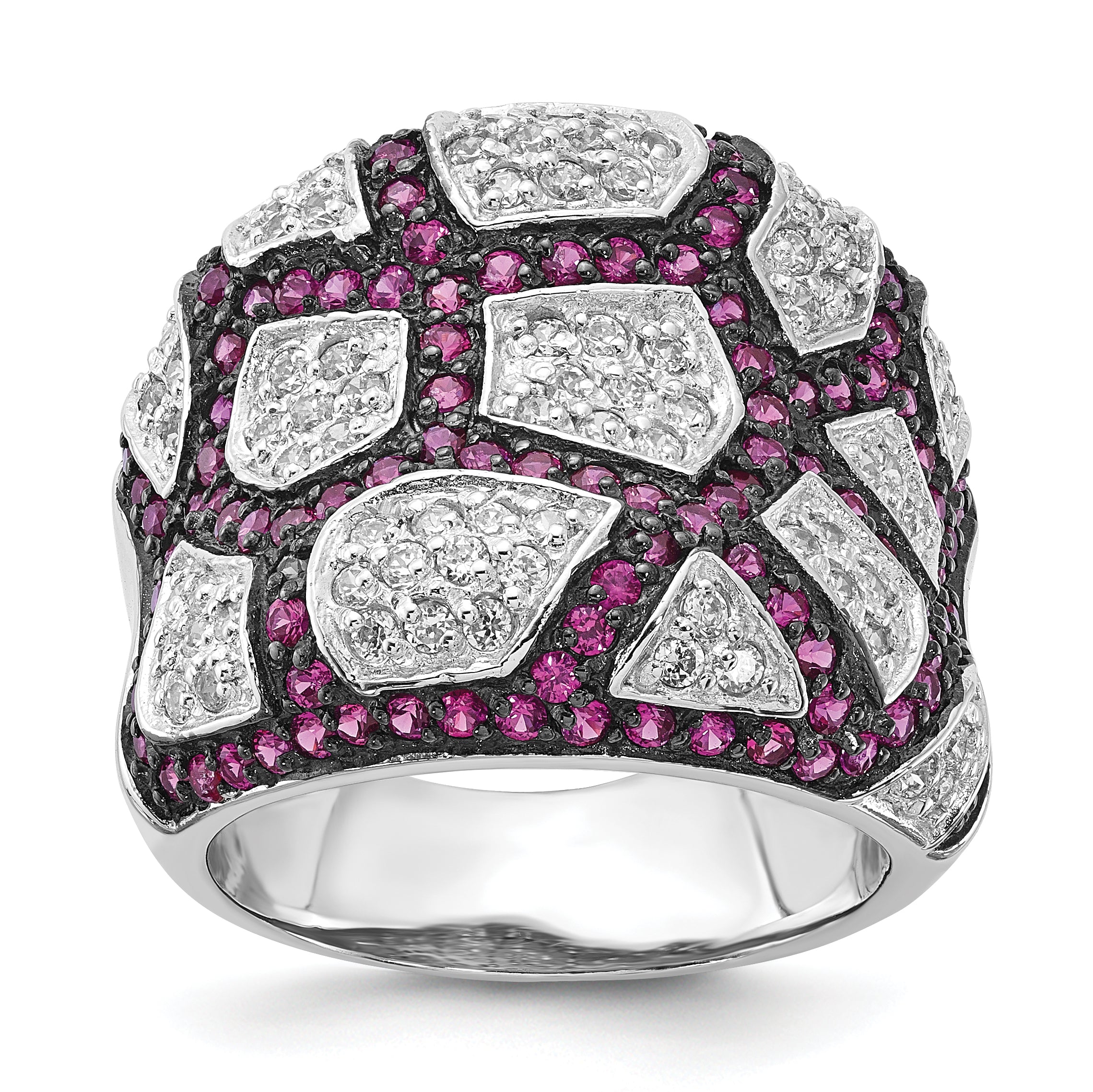 Sterling Silver & Black Rhodium Synthetic Ruby White Cz Ring (Size 8 Only)
