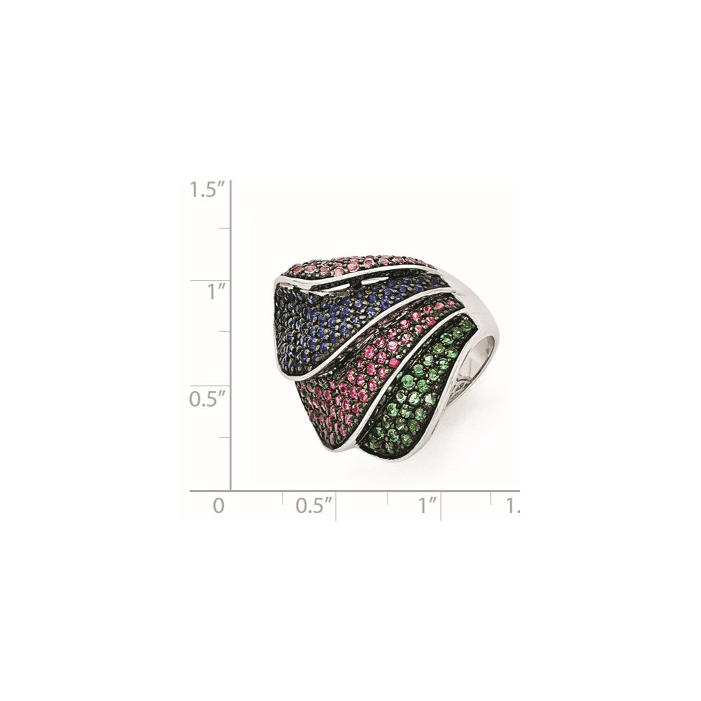 Sterling Silver Black Rhodium Blue/Grn Glass Lt & Drk Synth. Ruby Ring