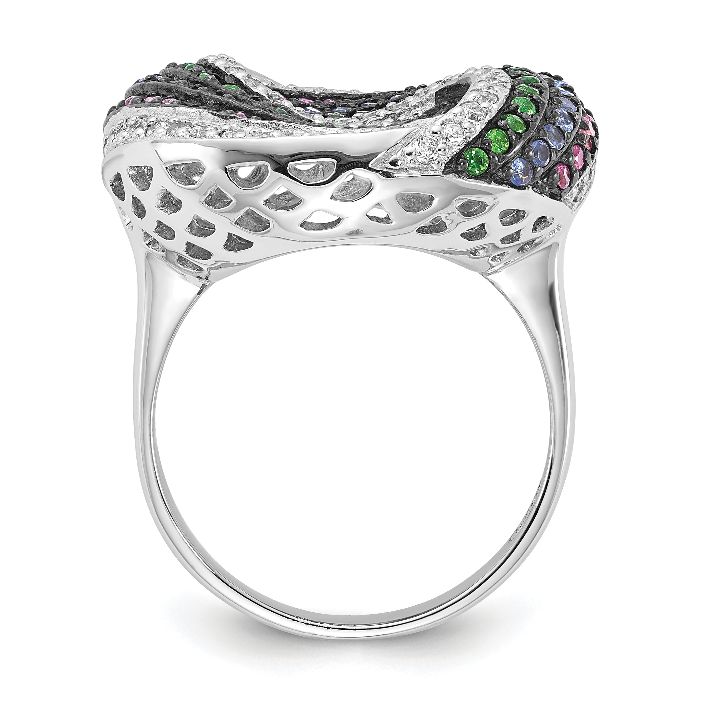 Sterling Silver Black Rhodium Blue/Green Glass Synth. Ruby & Cz Ring