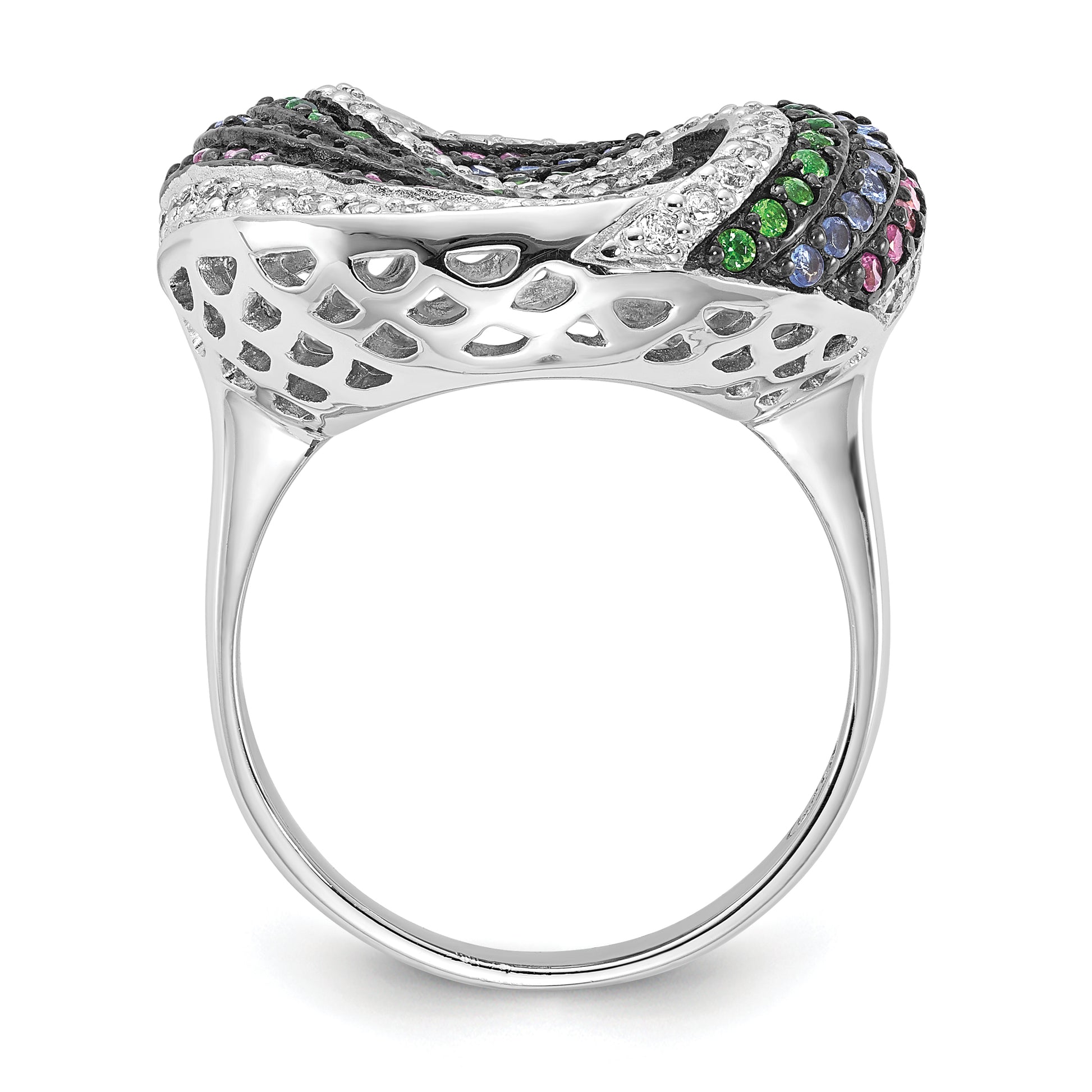 Sterling Silver Black Rhodium Blue/Green Glass Synth. Ruby & Cz Ring
