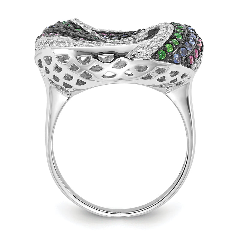 Sterling Silver Black Rhodium Blue/Green Glass Synth. Ruby & Cz Ring