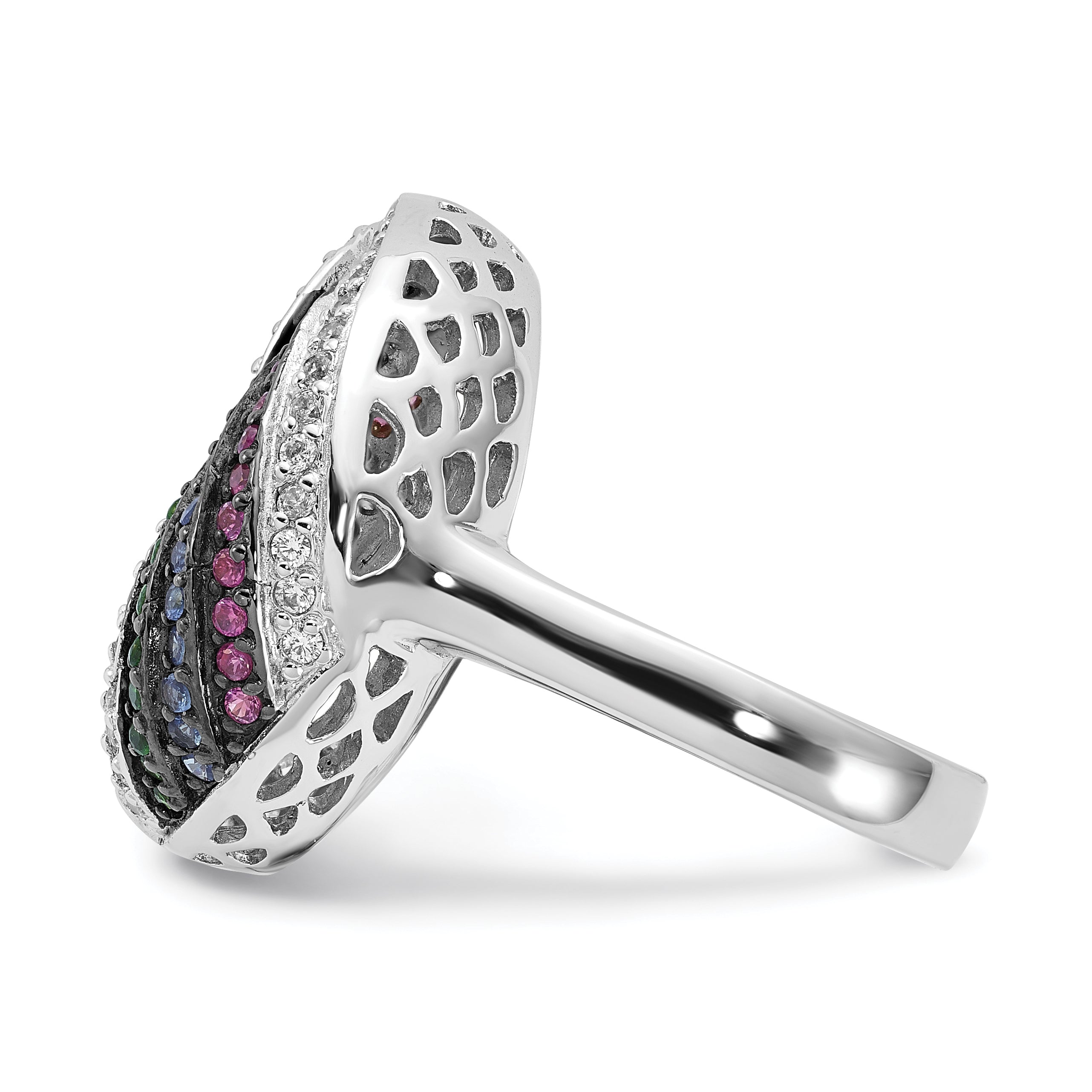 Sterling Silver Black Rhodium Blue/Green Glass Synth. Ruby & Cz Ring