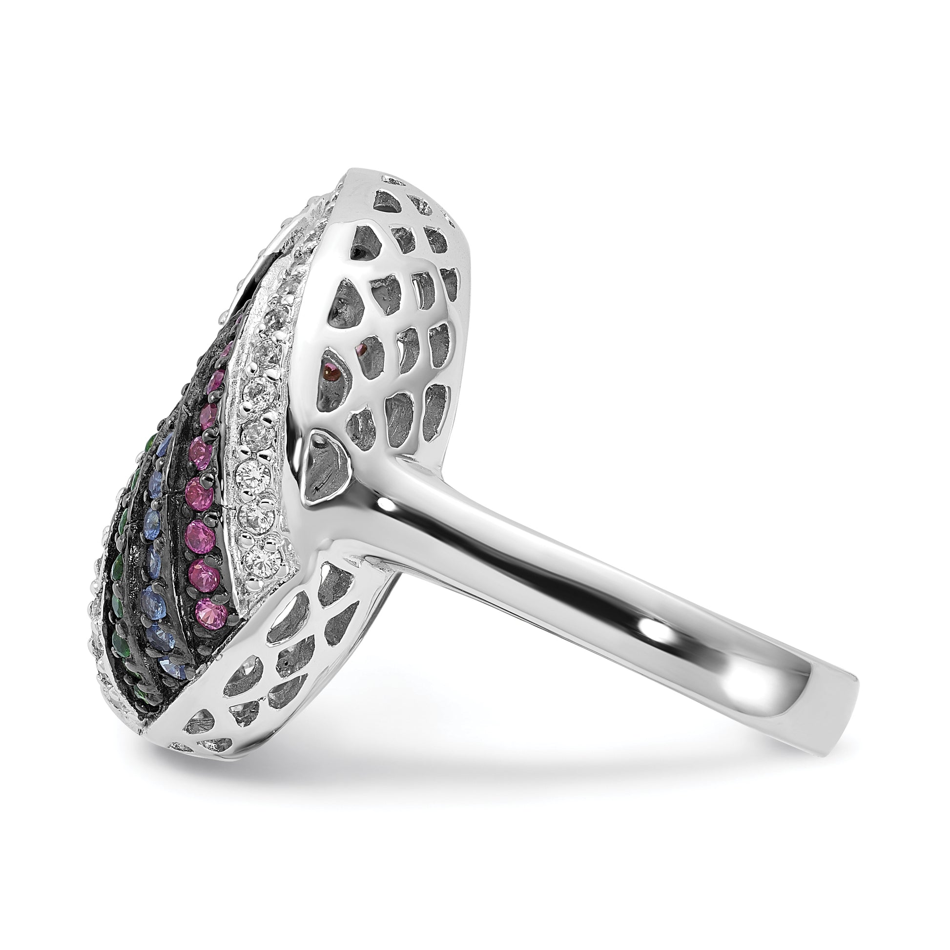 Sterling Silver Black Rhodium Blue/Green Glass Synth. Ruby & Cz Ring