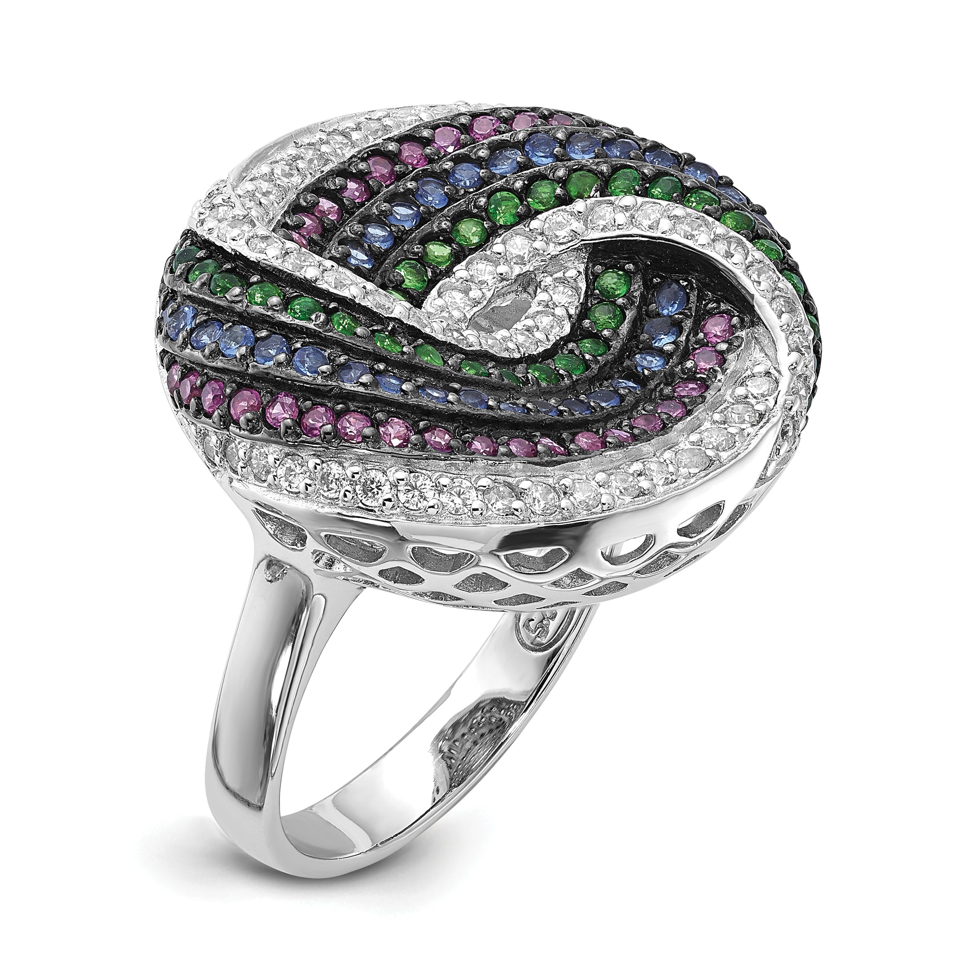 Sterling Silver Black Rhodium Blue/Green Glass Synth. Ruby & Cz Ring