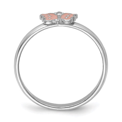 Sterling Silver Rh Plated Polished Pink Enameled Butterfly Children'S Ring