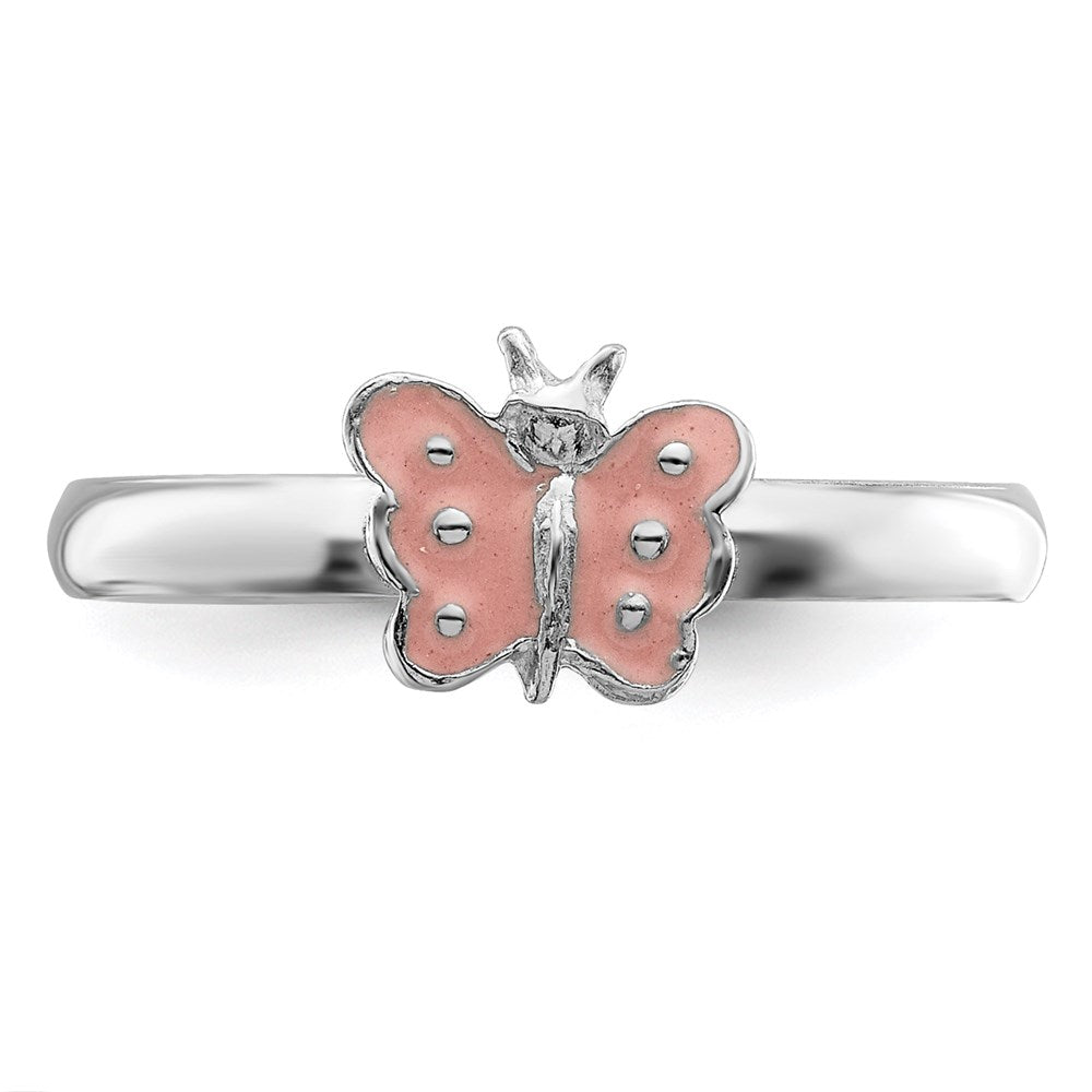 Sterling Silver Rh Plated Polished Pink Enameled Butterfly Children'S Ring