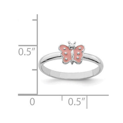 Sterling Silver Rh Plated Polished Pink Enameled Butterfly Children'S Ring