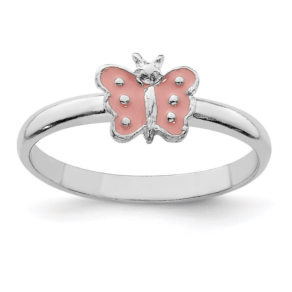 Sterling Silver Rh Plated Polished Pink Enameled Butterfly Children'S Ring