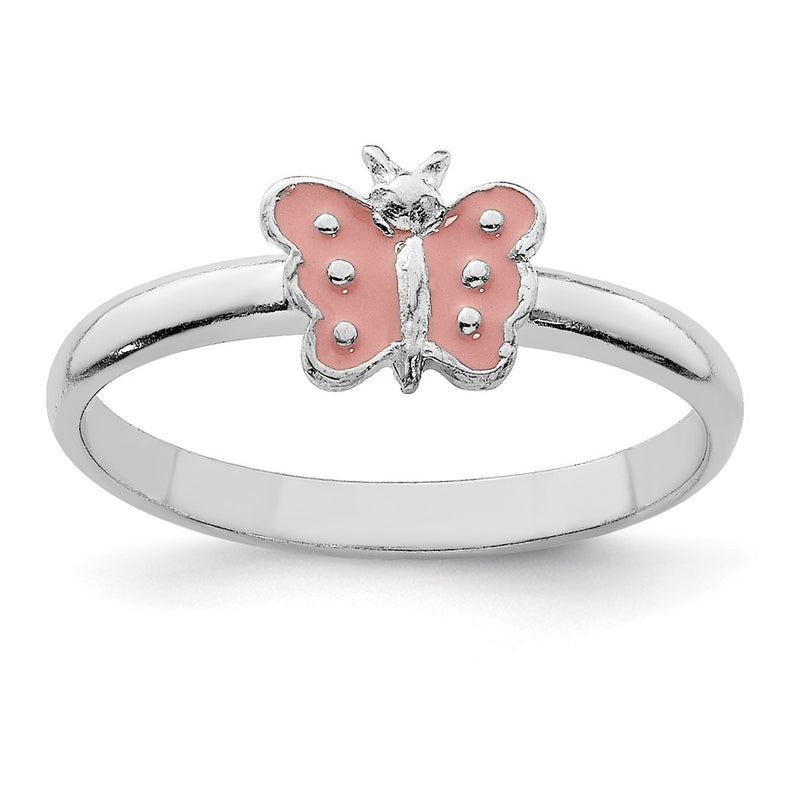 Sterling Silver Rh Plated Polished Pink Enameled Butterfly Children'S Ring