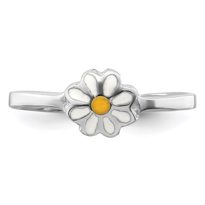 Sterling Silver Rh Plated White & Yellow Enameled Daisy Children'S Ring