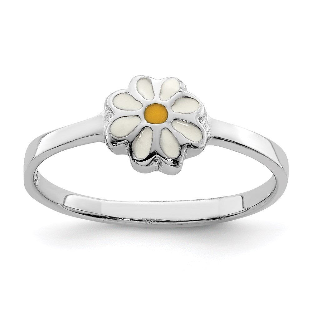 Sterling Silver Rh Plated White & Yellow Enameled Daisy Children'S Ring