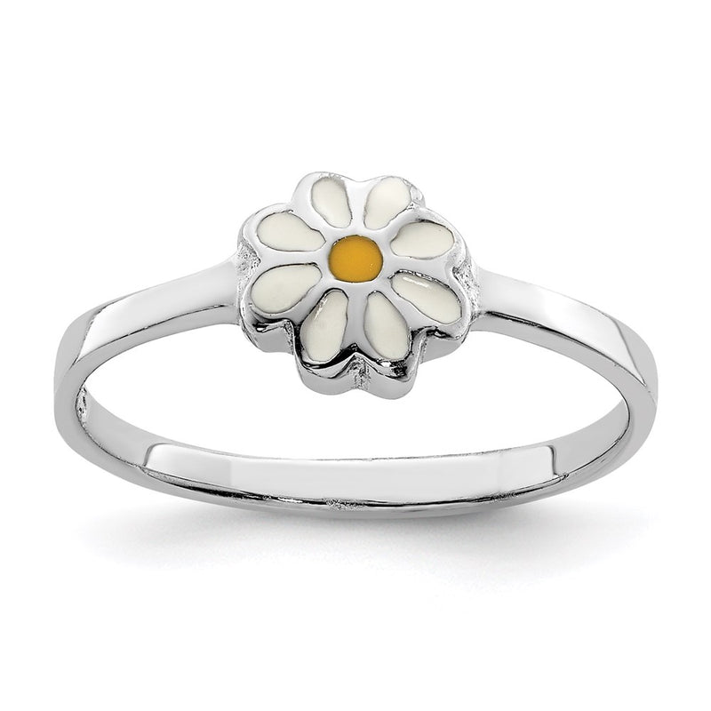 Sterling Silver Rh Plated White & Yellow Enameled Daisy Children'S Ring