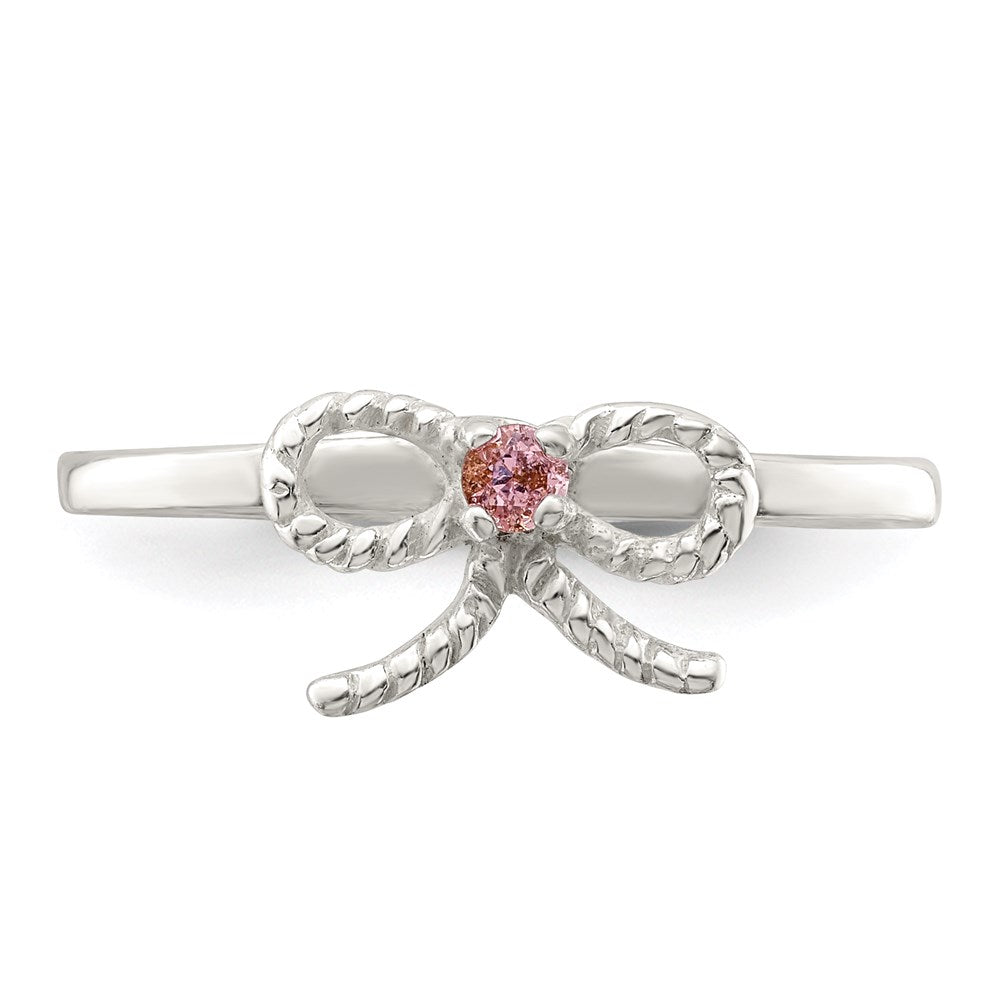 Sterling Silver Polished & Twisted Pink Cz Bow Children'S Ring