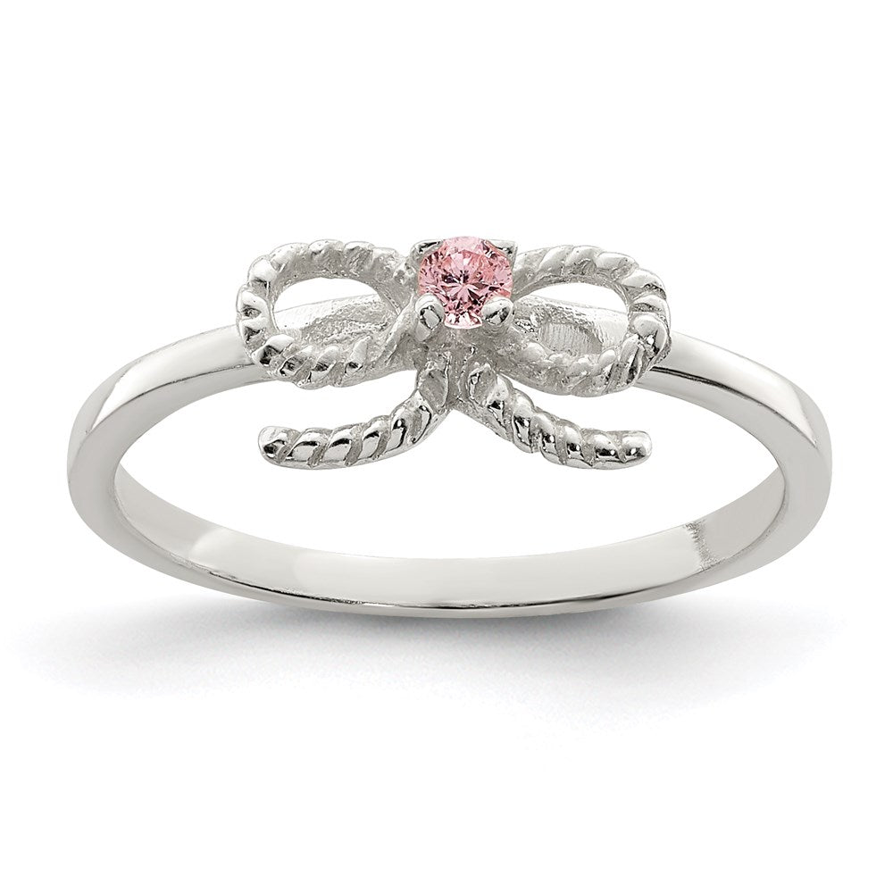 Sterling Silver Polished & Twisted Pink Cz Bow Children'S Ring