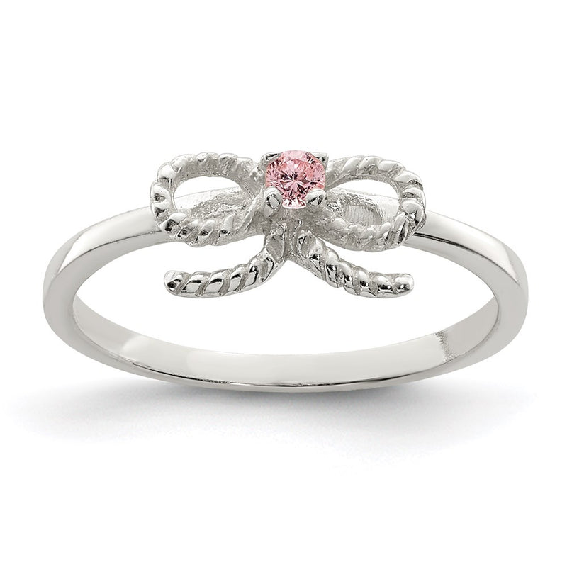 Sterling Silver Polished & Twisted Pink Cz Bow Children'S Ring