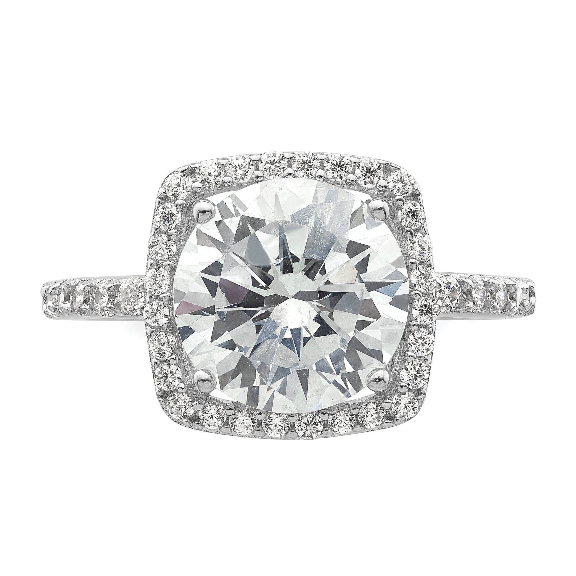 Sterling Silver Rhodium Plated Polished Cz Square Halo Ring