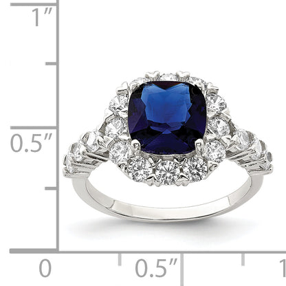 Sterling Silver Rhodium Plated Polished Blue Glass And Cz Ring