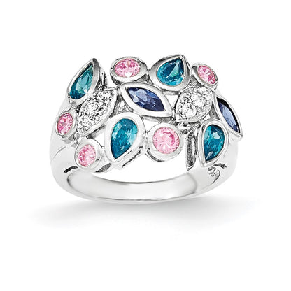 Sterling Silver Pink & Blue Cz Ring (Size 6 Only)