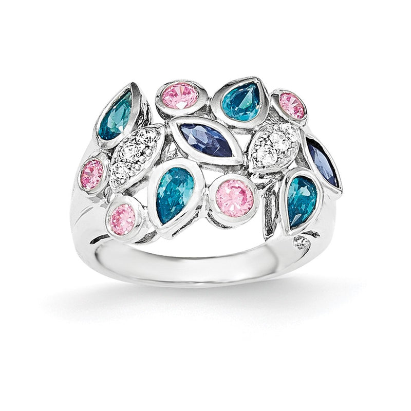Sterling Silver Pink & Blue Cz Ring (Size 6 Only)