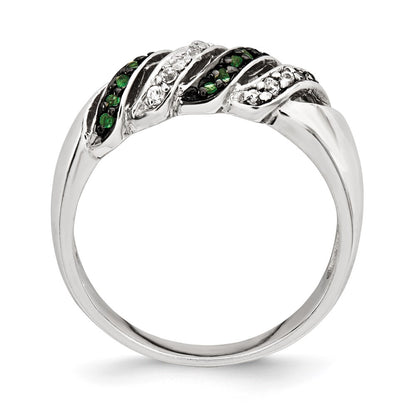 Sterling Silver Polished Cz & Green Glass Stone Ring (Size 7 Only)