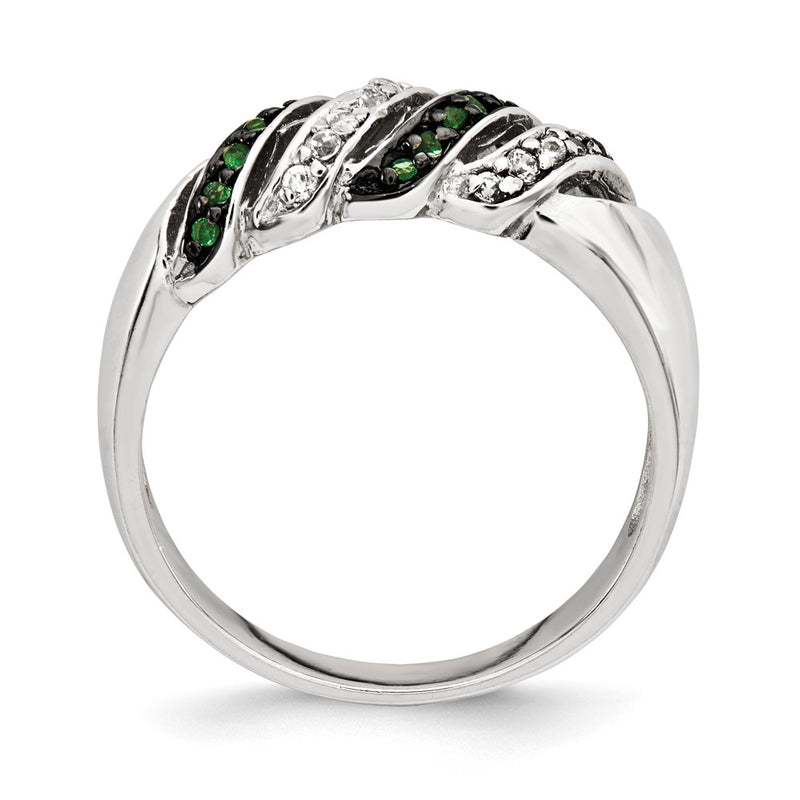 Sterling Silver Polished Cz & Green Glass Stone Ring (Size 7 Only)