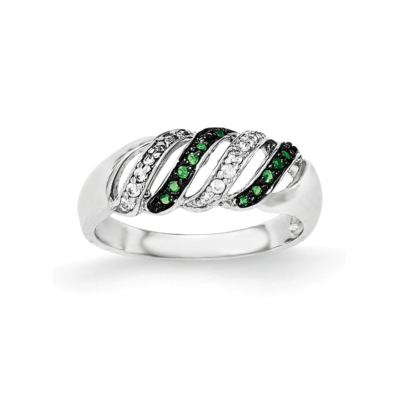 Sterling Silver Polished Cz & Green Glass Stone Ring (Size 7 Only)