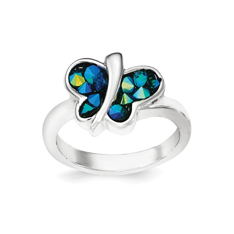 Sterling Silver Rhodium Plated Blue Crystal Butterfly Ring