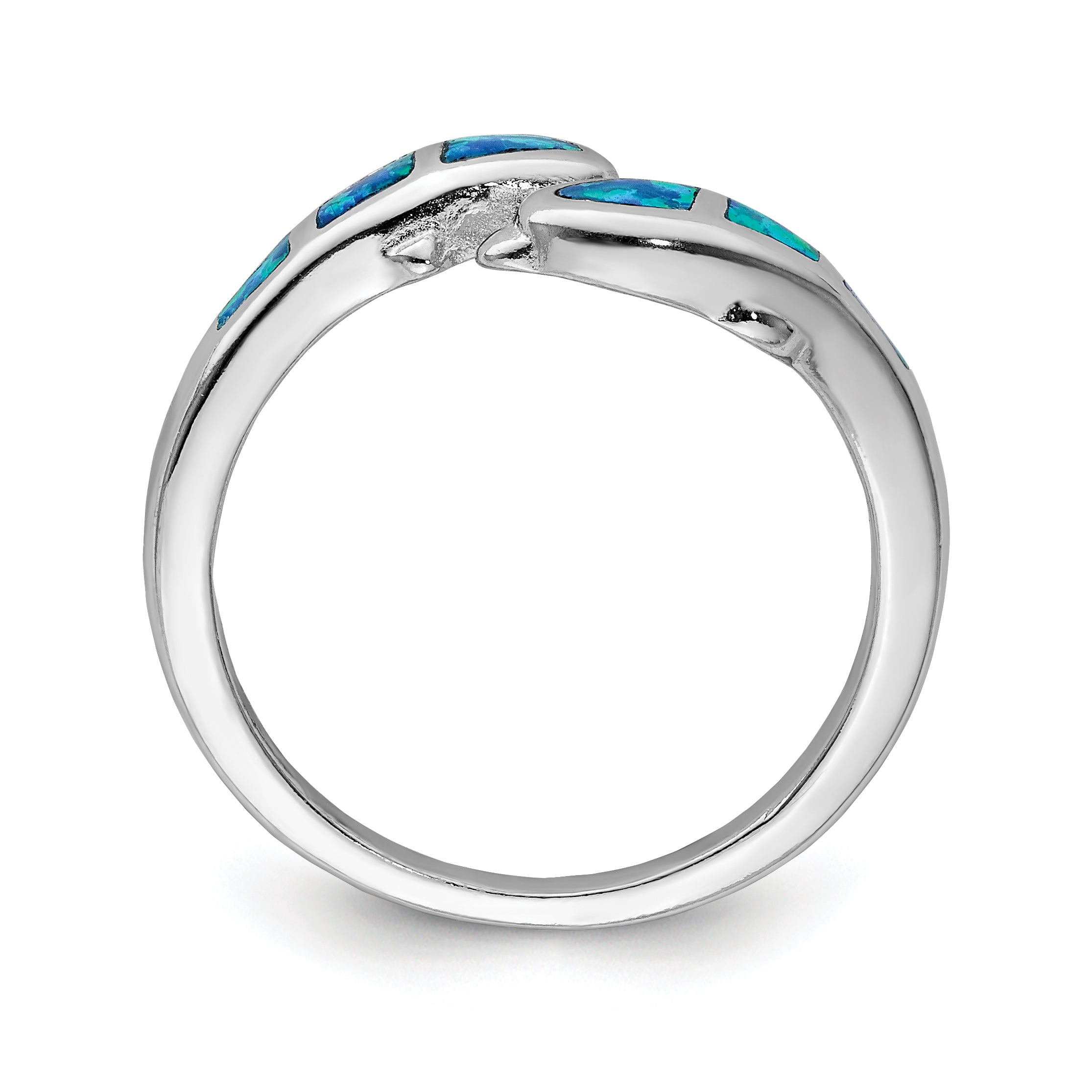 Sterling Silver Rhodium Plated Created Blue Opal Dolphins Ring
