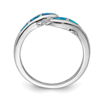 Sterling Silver Rhodium Plated Created Blue Opal Dolphins Ring