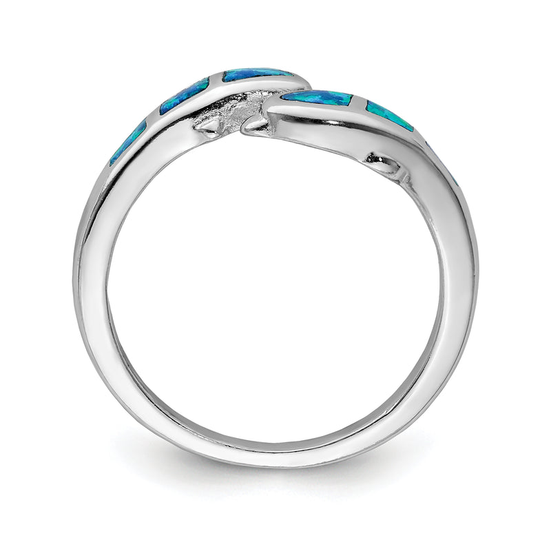 Sterling Silver Rhodium Plated Created Blue Opal Dolphins Ring