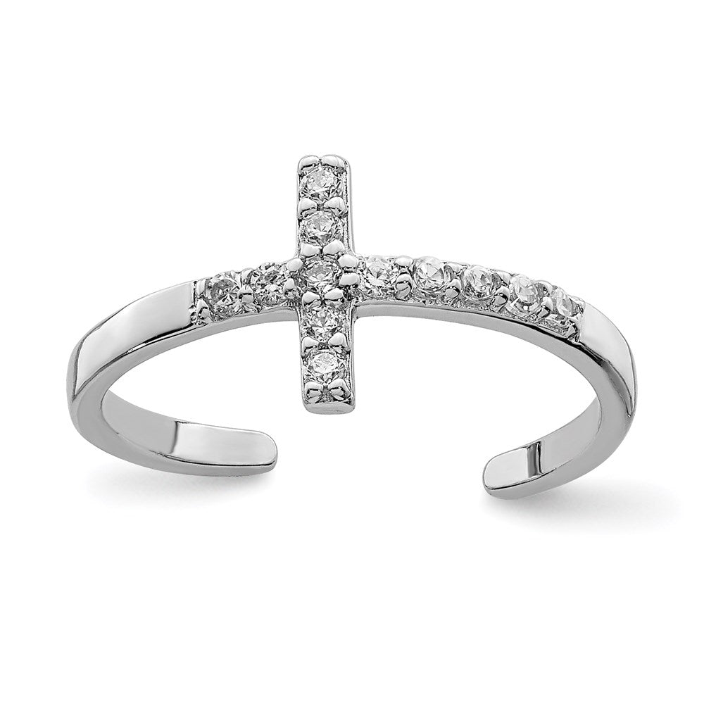 Sterling Silver Rhodium Plated Cz Cross Toe Ring