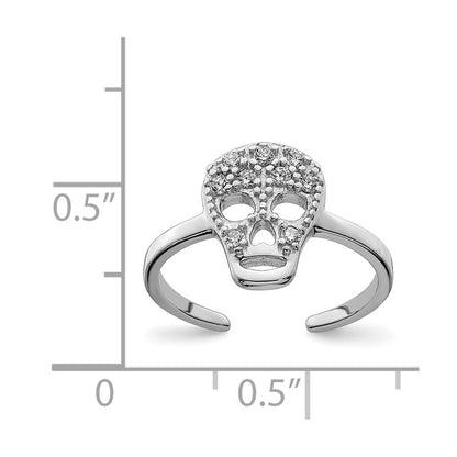 Sterling Silver Rhodium Plated Cz Skull Toe Ring
