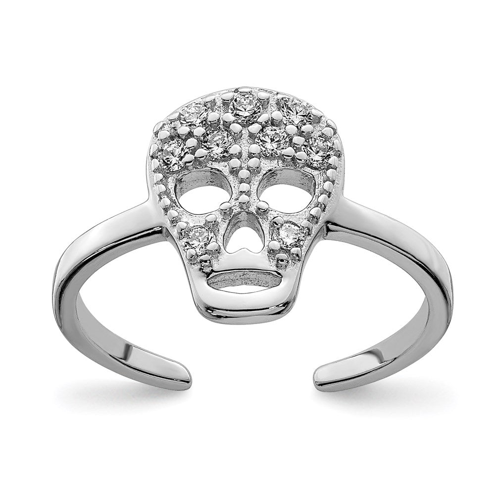 Sterling Silver Rhodium Plated Cz Skull Toe Ring