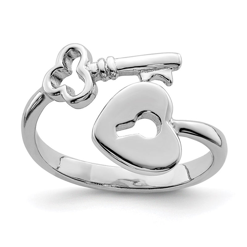 Sterling Silver Rhodium Plated Heart Lock & Key Toe Ring
