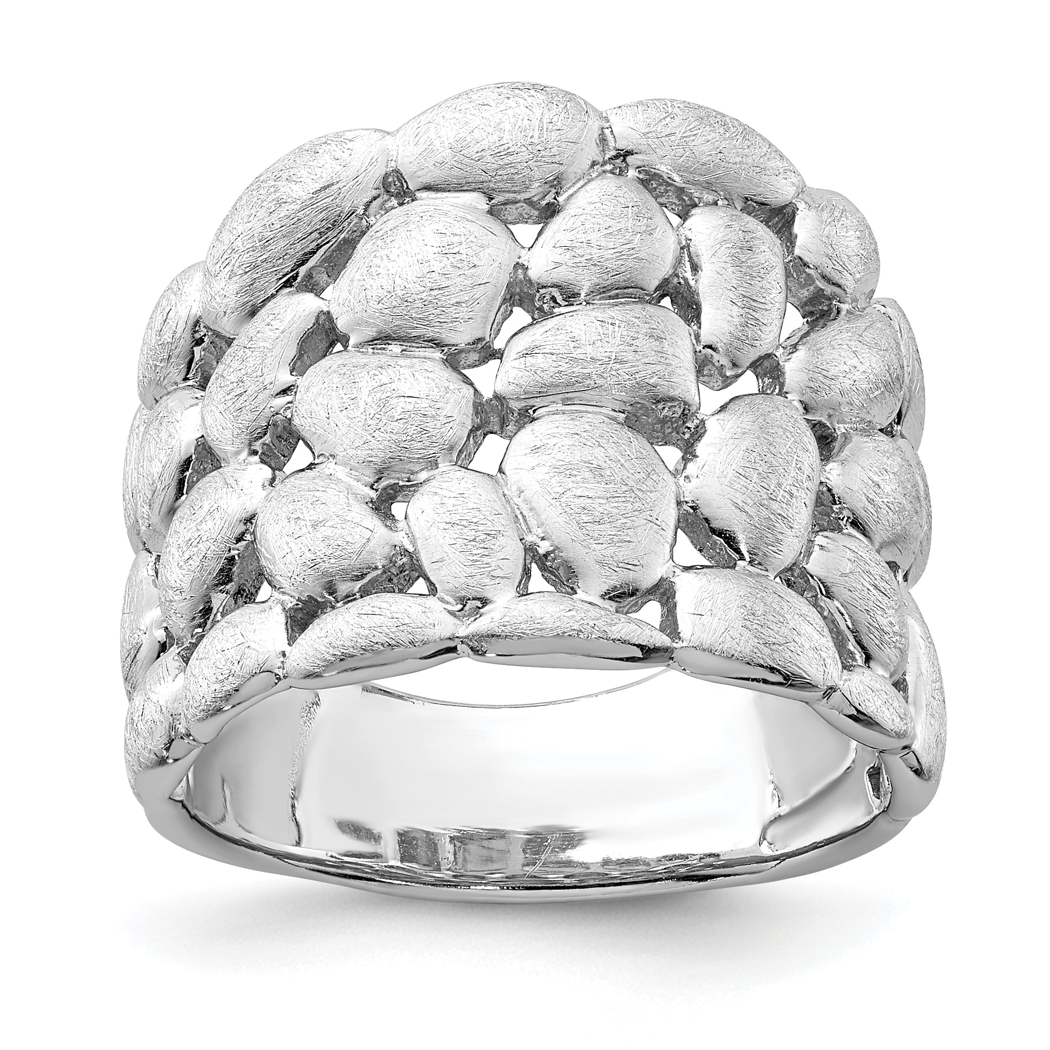 Sterling Silver Rhodium Plated Polished & Satin Textured Nugget Ring