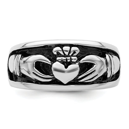 Sterling Silver Rhodium Plated Antiqued Claddagh Ring