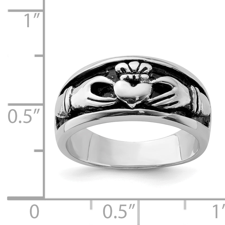Sterling Silver Rhodium Plated Antiqued Claddagh Ring
